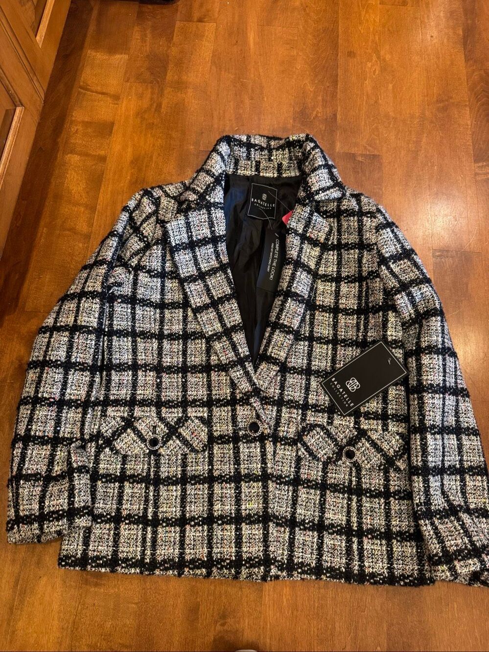 NEW Bagatelle Collection Tweed Plaid Blazer Black White Women’s Size Small